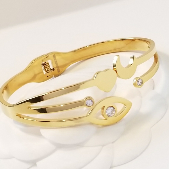 18K Gold Evil Eye Heart Moon Bracelet Bangle Cuff - Picture 6 of 7